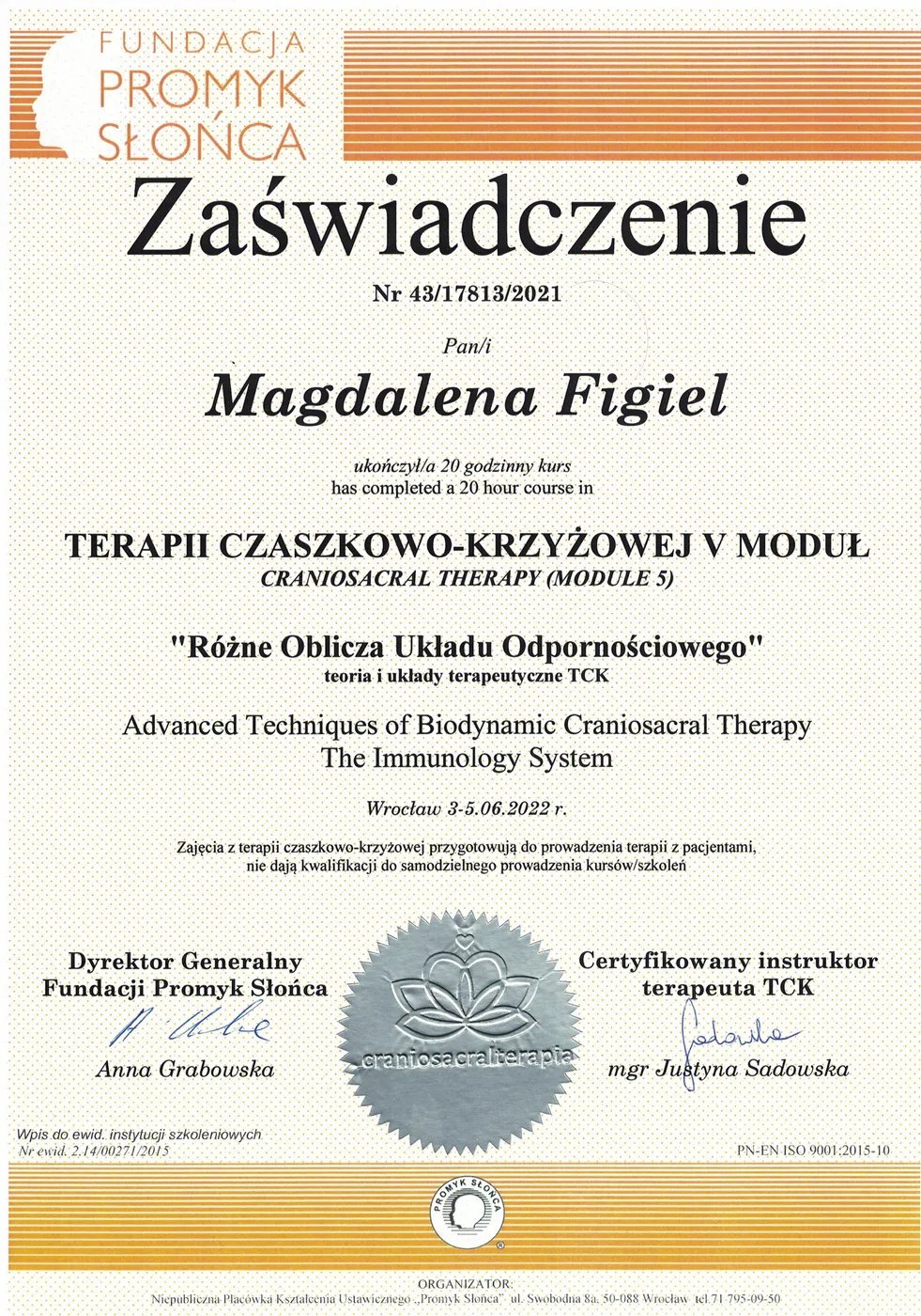 Certyfikat – Terapia Czaszkowo-Krzyżowa moduł V – Magdalena Figiel, fizjoterapeuta dziecięcy Gorzów Wlkp.