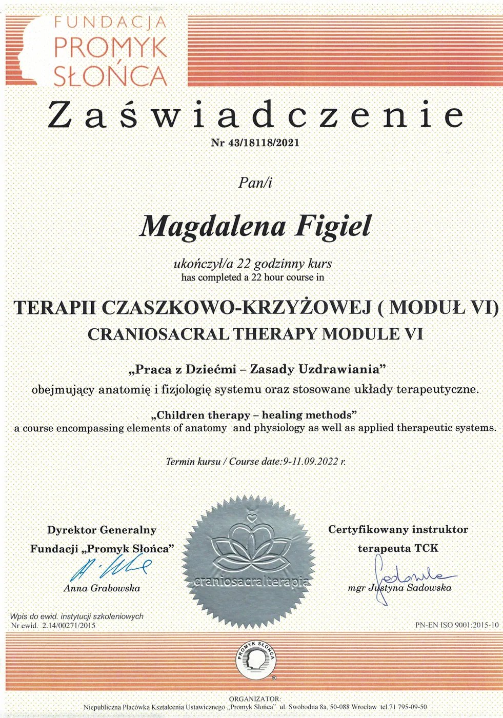 Certyfikat – Terapia Czaszkowo-Krzyżowa moduł VI – Magdalena Figiel, fizjoterapeuta dziecięcy Gorzów Wlkp.