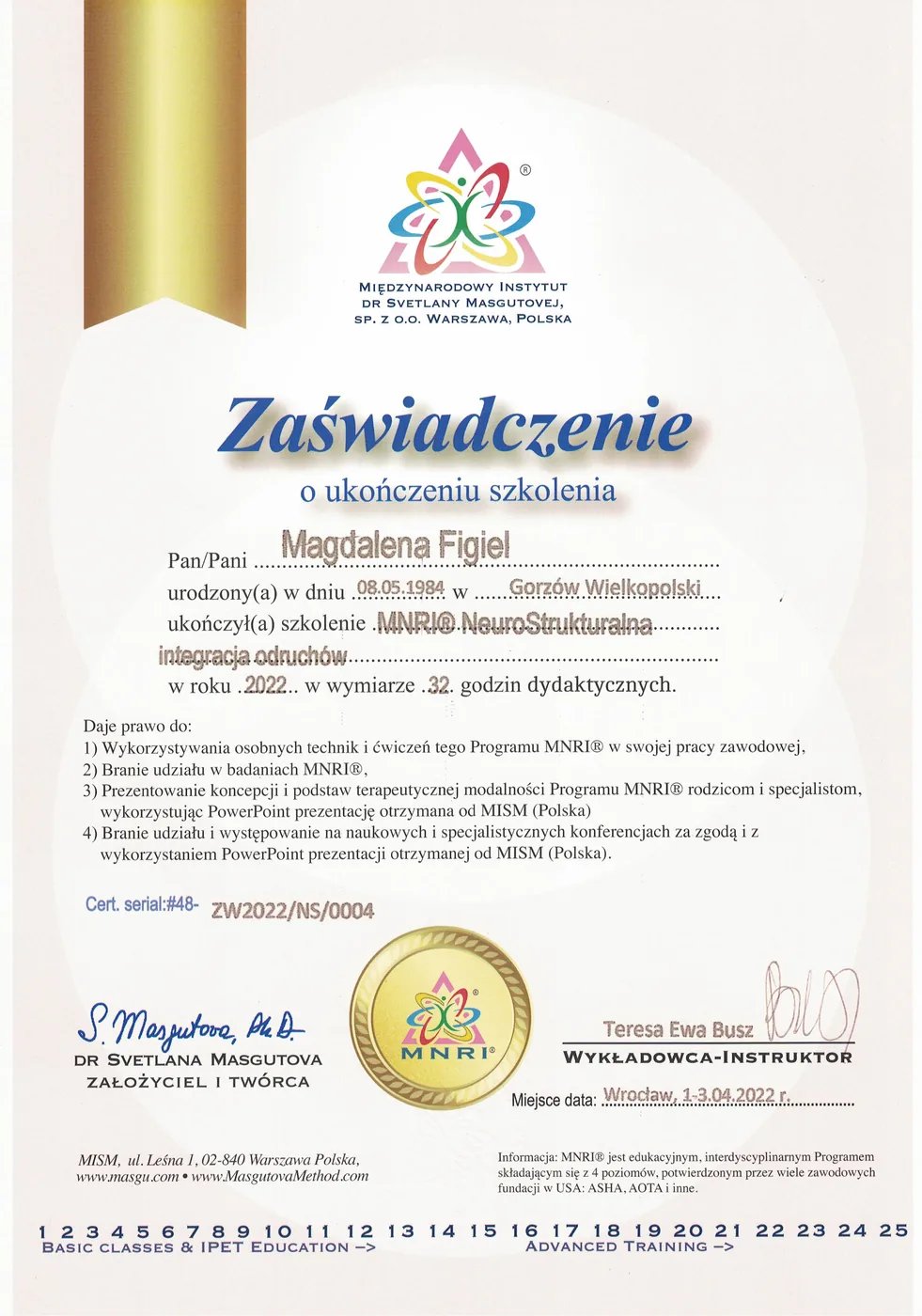 Certyfikat – MNRI Neurostrukturalna Integracja Odruchów – Magdalena Figiel, fizjoterapeuta dziecięcy Gorzów Wlkp.