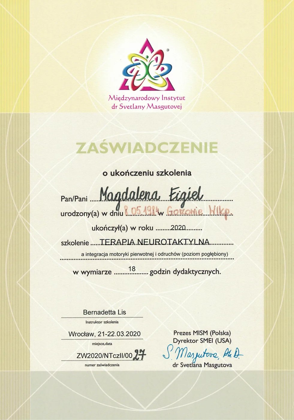 Certyfikat – Terapia Neurotaktylna cz. II – Magdalena Figiel, fizjoterapeuta dziecięcy Gorzów Wlkp.