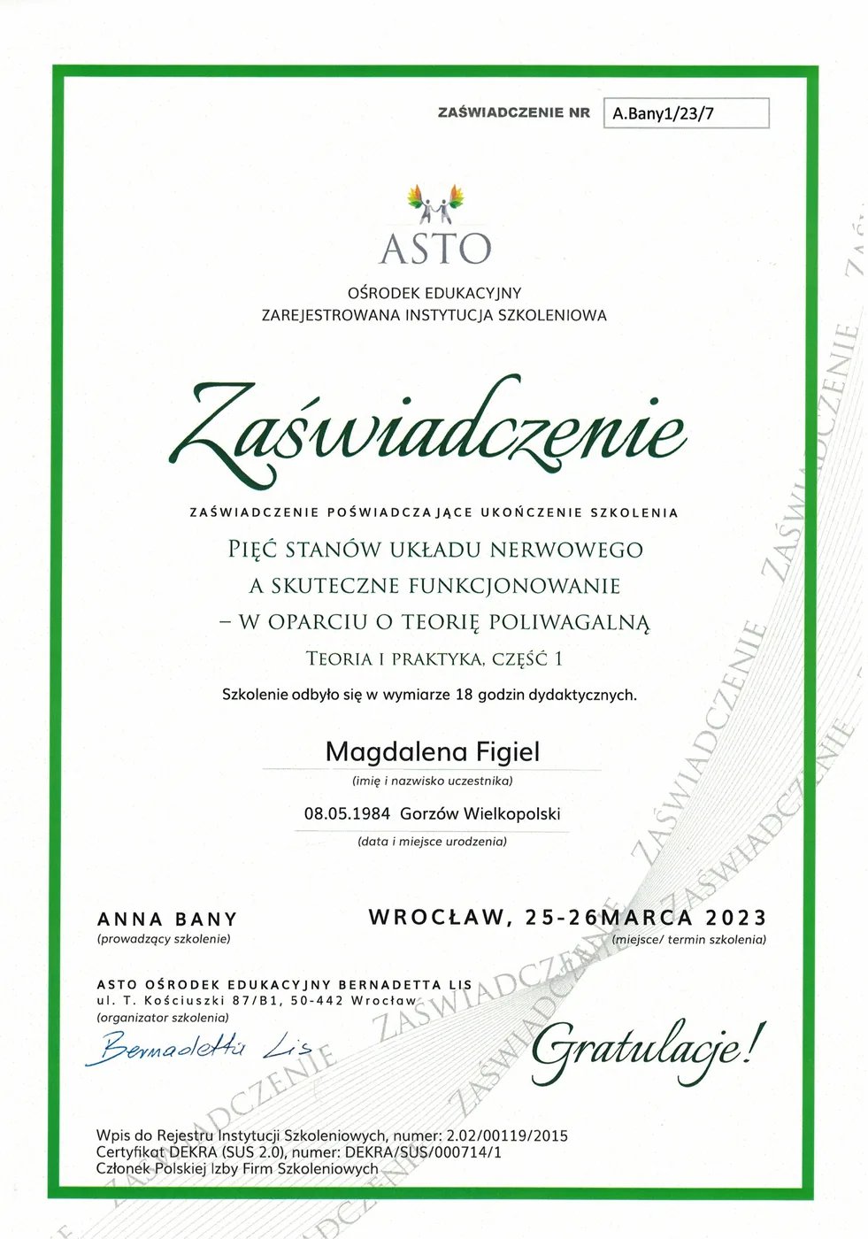 Certyfikat – Pięć Stanów Układu Nerwowego cz. I – Magdalena Figiel, fizjoterapeuta dziecięcy Gorzów Wlkp.