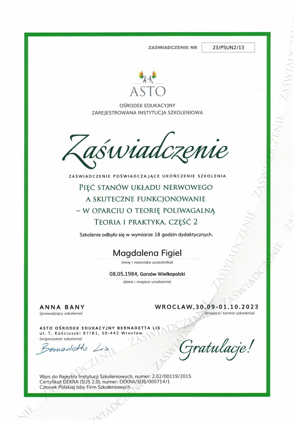 Certyfikat – Pięć Stanów Układu Nerwowego cz. II – Magdalena Figiel, fizjoterapeuta dziecięcy Gorzów Wlkp.