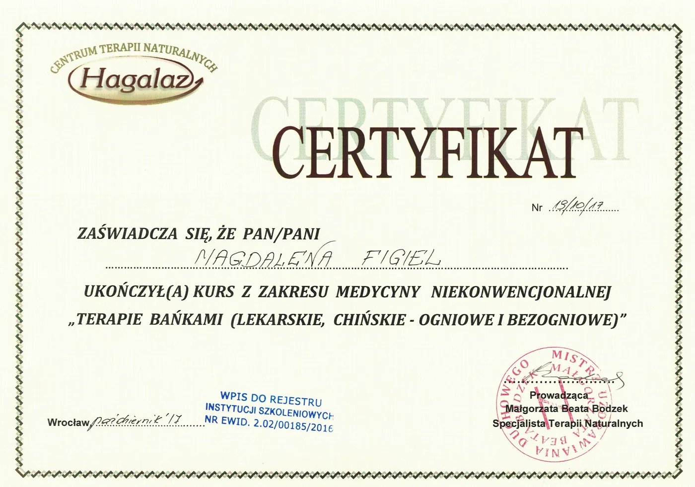 Certyfikat – Terapie bańkami – Magdalena Figiel, fizjoterapeuta dziecięcy Gorzów Wlkp.