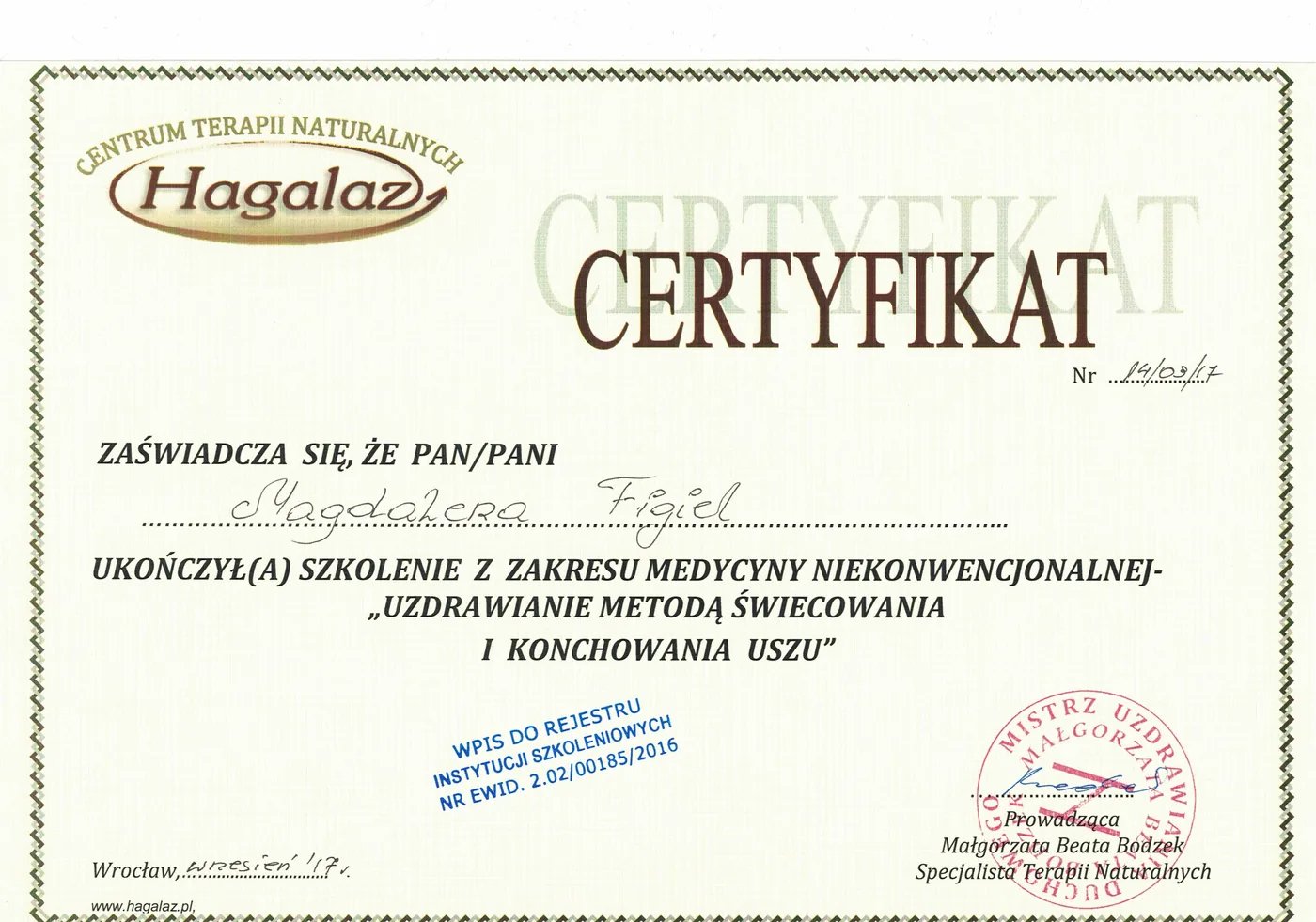 Certyfikat – Świecowanie i konchowanie uszu – Magdalena Figiel, fizjoterapeuta dziecięcy Gorzów Wlkp.