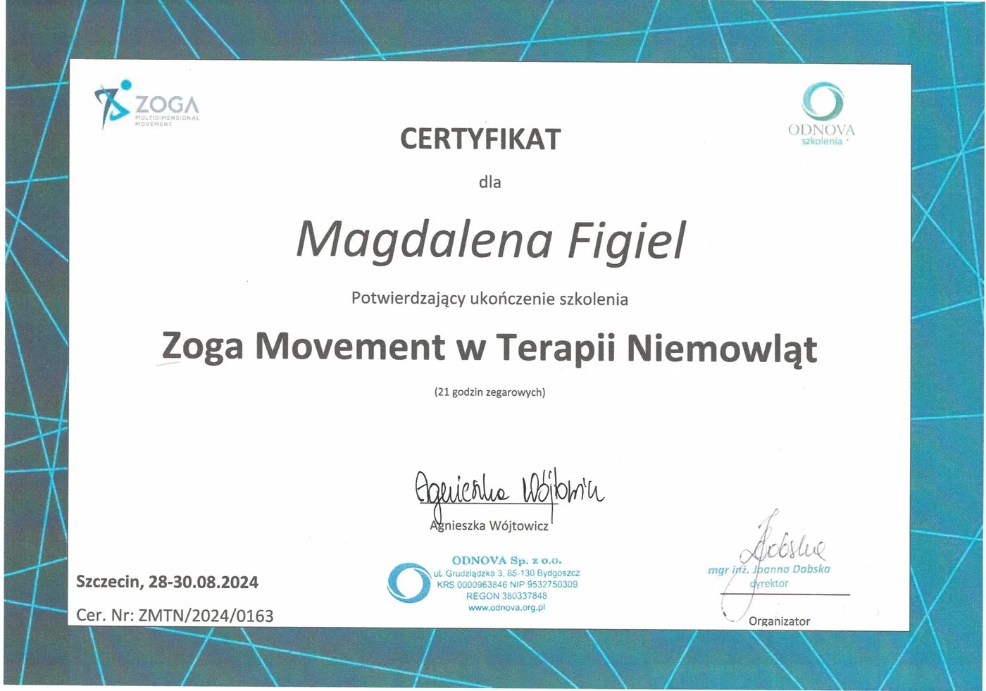 Certyfikat – Zoga Movement w terapii niemowląt – Magdalena Figiel, fizjoterapeuta dziecięcy Gorzów Wlkp.