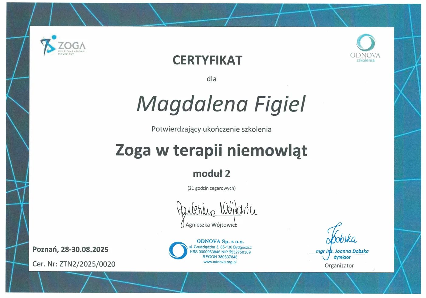 Certyfikat – Zoga w terapii niemowląt moduł 2 – Magdalena Figiel, fizjoterapeuta dziecięcy Gorzów Wlkp.