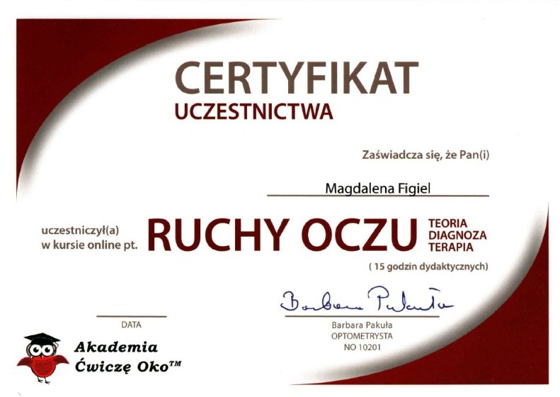 Certyfikat – Ruchy oczu – Magdalena Figiel, fizjoterapeuta dziecięcy Gorzów Wlkp.