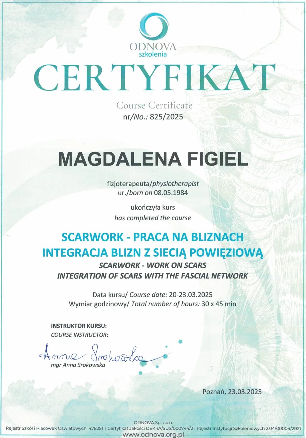 Certyfikat – Scarwork, praca na bliznach – Magdalena Figiel, fizjoterapeuta dziecięcy Gorzów Wlkp.