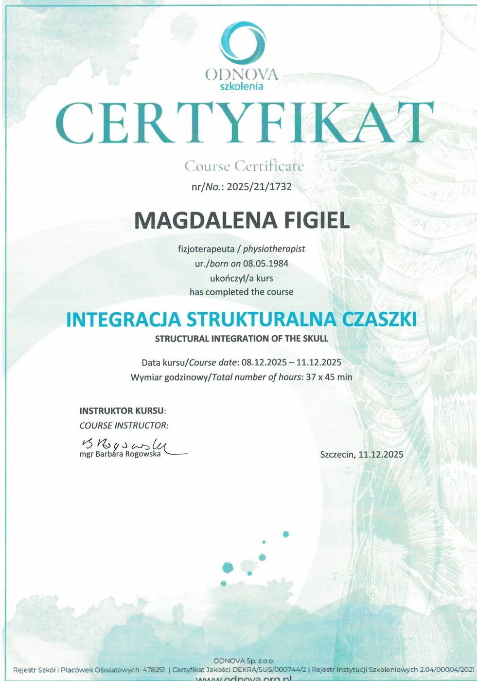 Certyfikat – Integracja Strukturalna Czaszki – Magdalena Figiel, fizjoterapeuta dziecięcy Gorzów Wlkp.